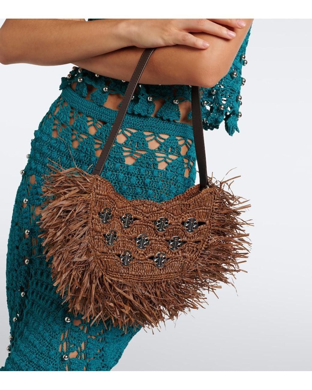 Rabanne Brown Sac A Main Fringed Raffia Top-Handle Bag