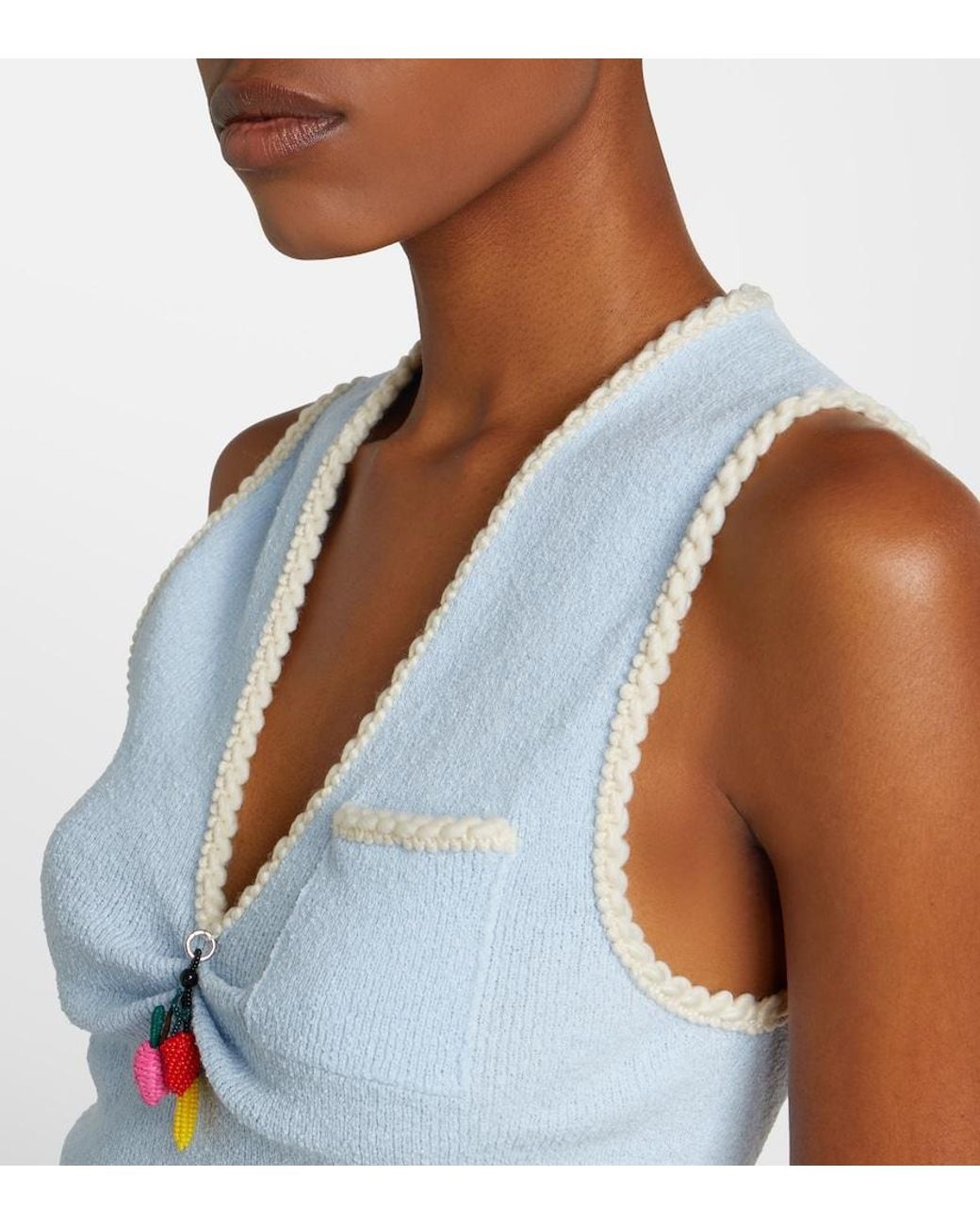 Prada Blue Embellished Cotton-Blend Boucle Crop Top