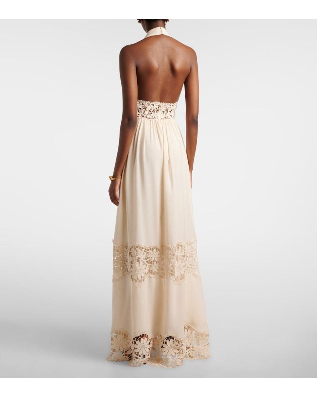 Elie Saab Natural Georgette And Macrame Gown