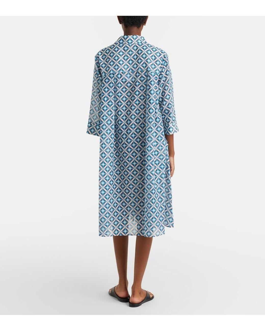Max Mara Blue Steppa Printed Cotton And Silk Midi Dress