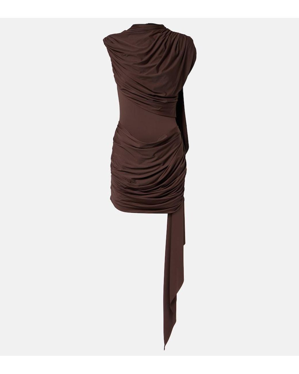 De La Vali Brown Draped Caped Jersey Minidress