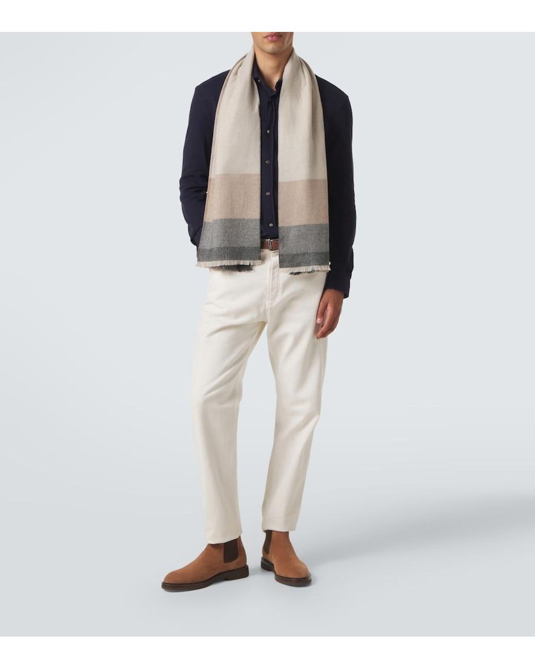 Brunello Cucinelli Natural Checked Wool And Cashmere Scarf for men