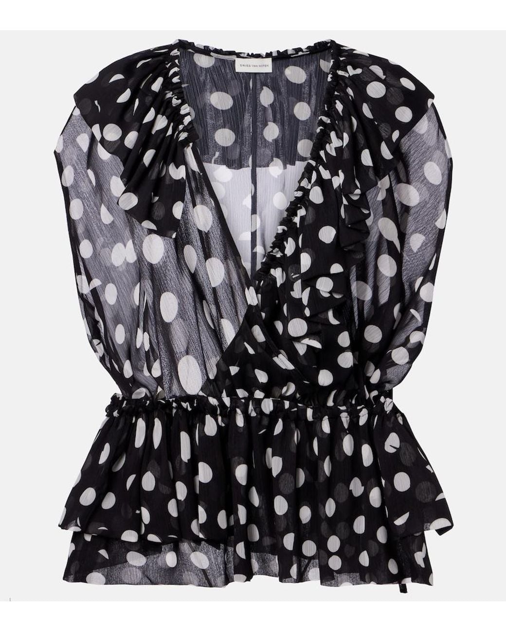 Dries Van Noten Black Polka-Dot Ruffled Top