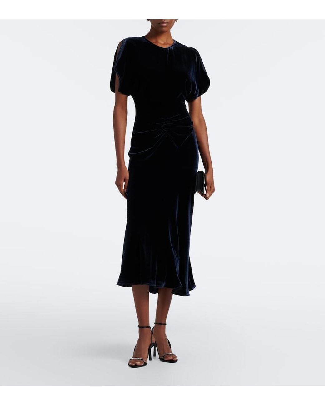 Victoria Beckham Black Bela Gathered Velvet Midi Dress