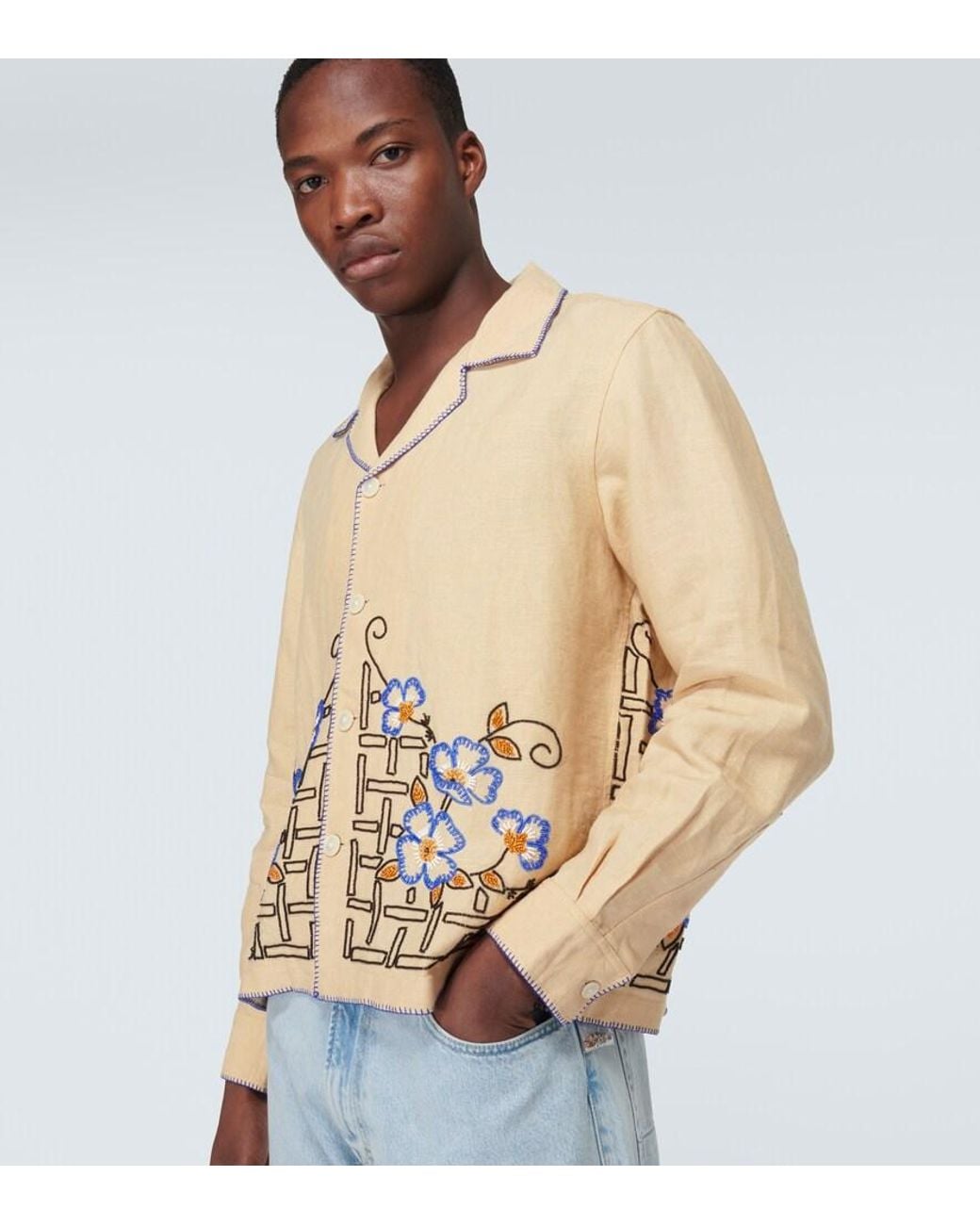 Bode Natural Himalayan Poppy Embroidered Linen Shirt for men