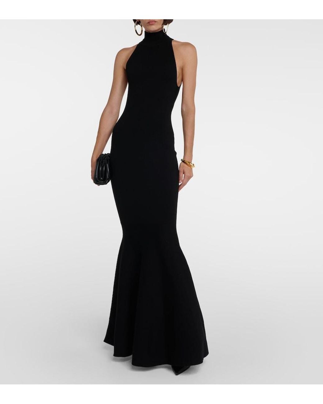 Nina Ricci Black High-Neck Wool-Blend Maxi Gown
