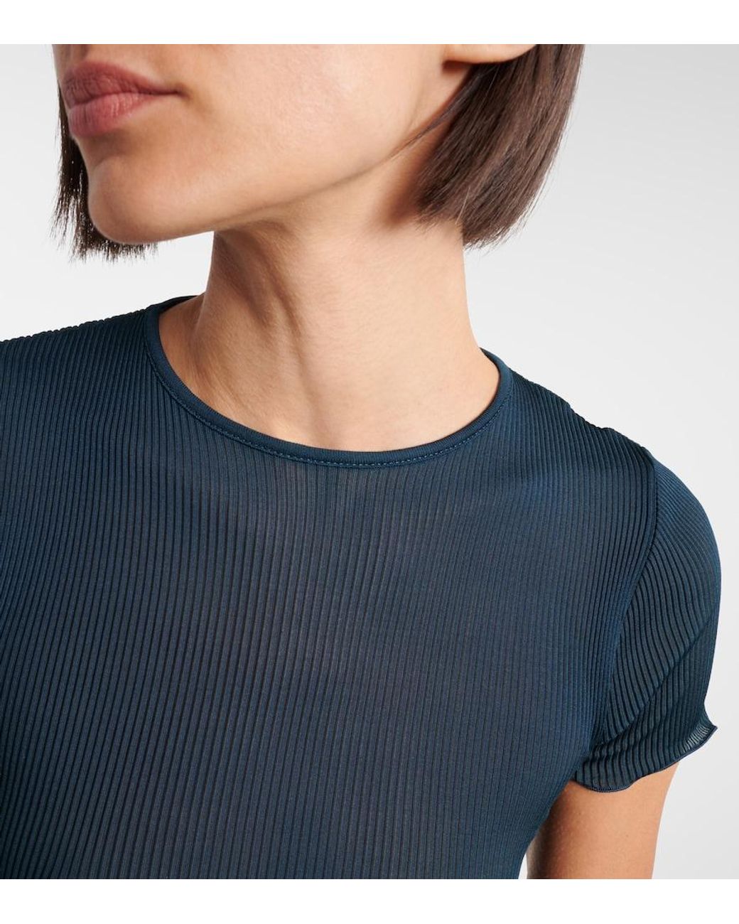 Saint Laurent Blue Lace-Trimmed Cropped Silk T-Shirt
