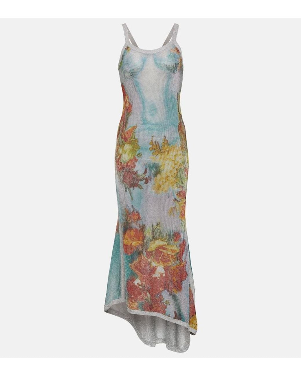 jean paul gaultier asymmetric printed metallic knitted maxi dress Jean Paul Gaultier Asymmetric Printed Metallic Knitted Maxi Dress in White