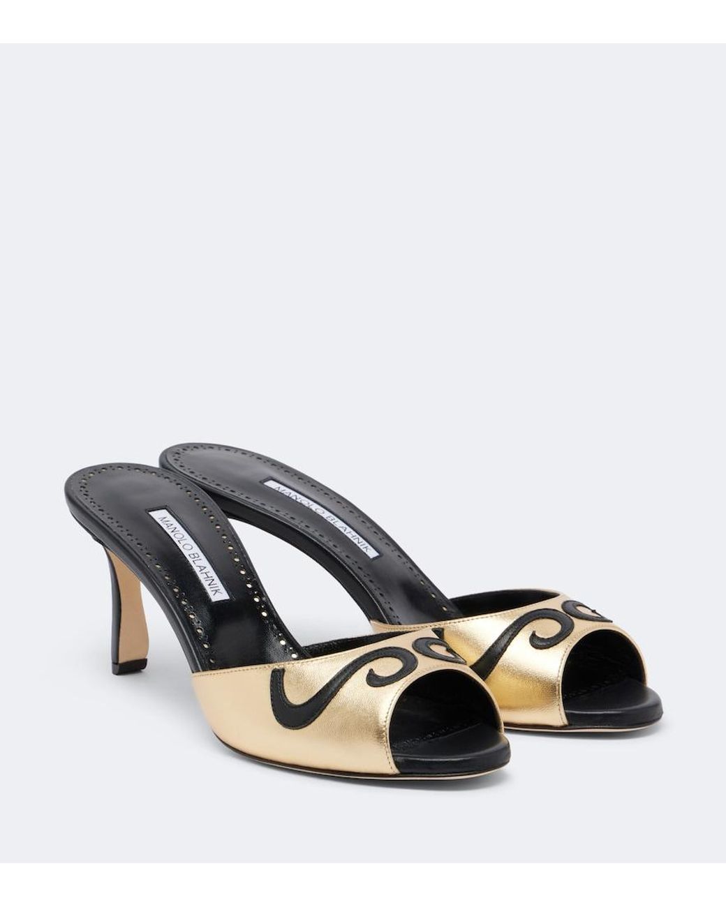 Manolo Blahnik Pintonamu Embroidered Metallic Leather Mules