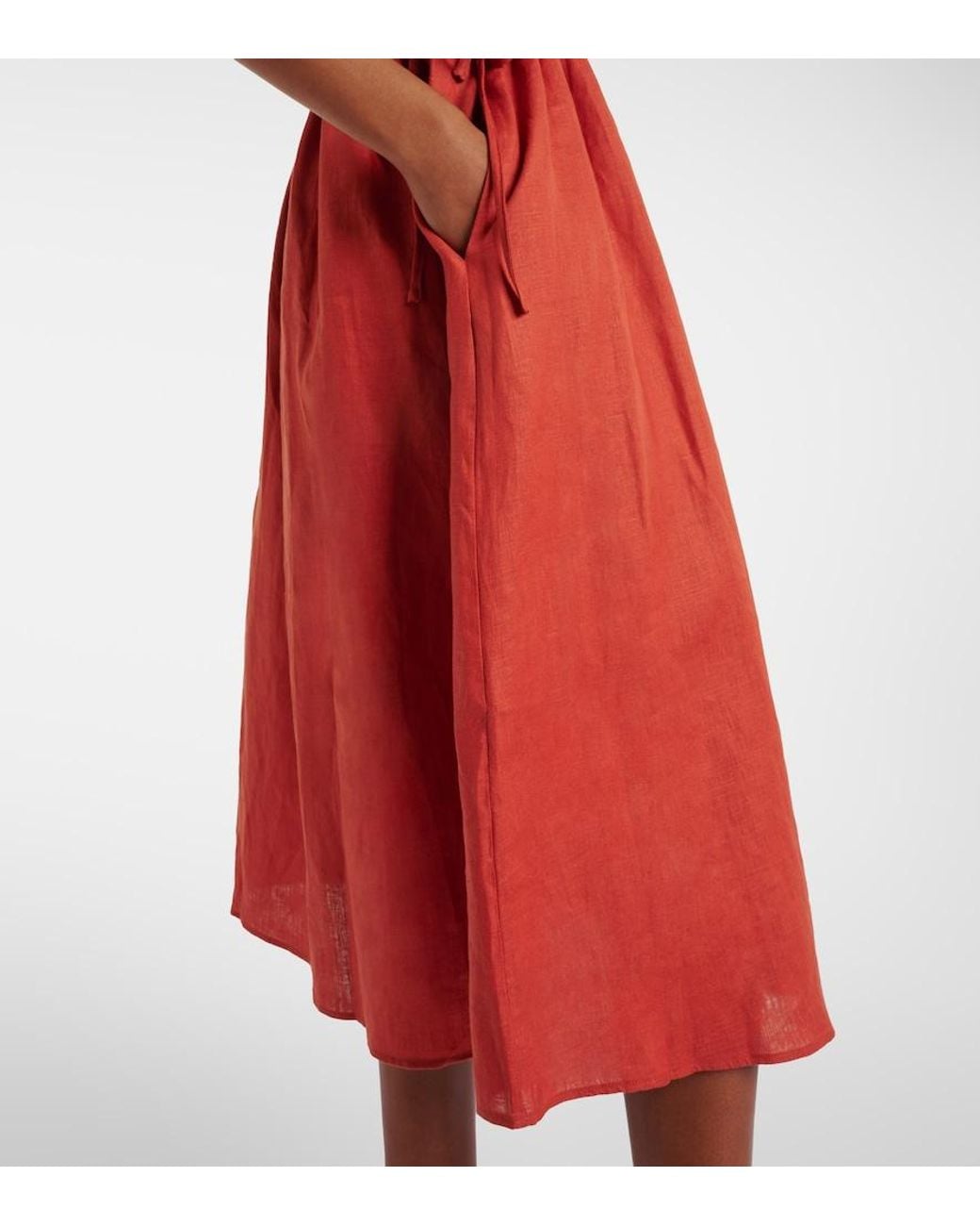 Asceno Red Eze Ruched Linen Midi Dress