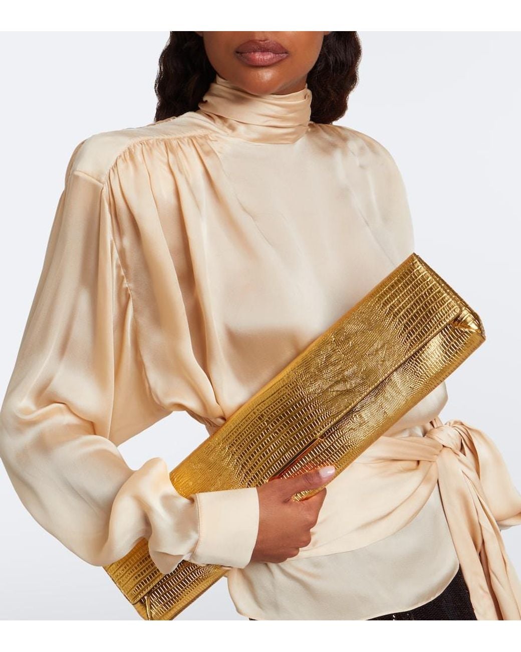 Balmain Natural Croc-Effect Metallic Leather Clutch