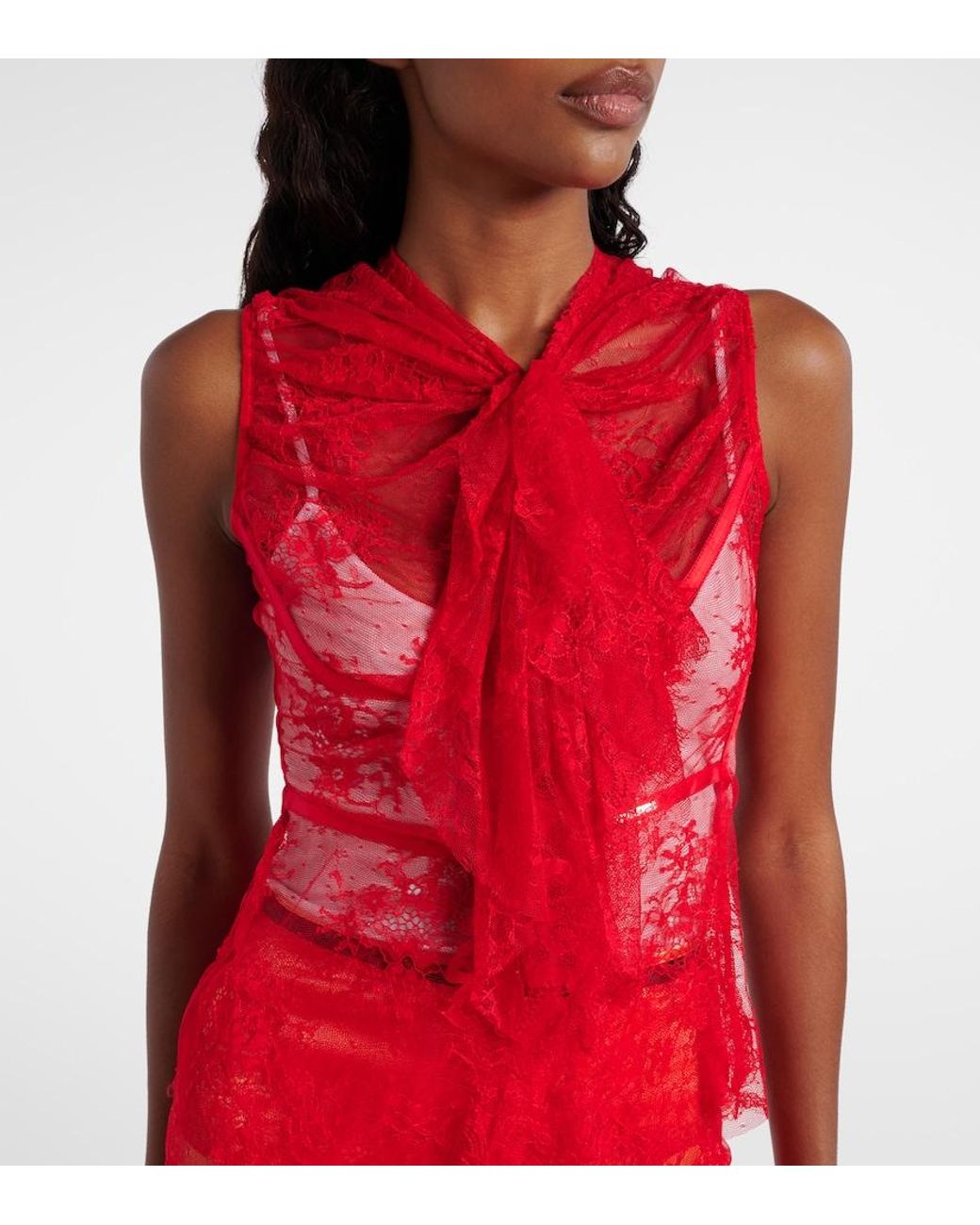 JACQUES WEI Red Tie-Neck Silk-Trimmed Lace Top