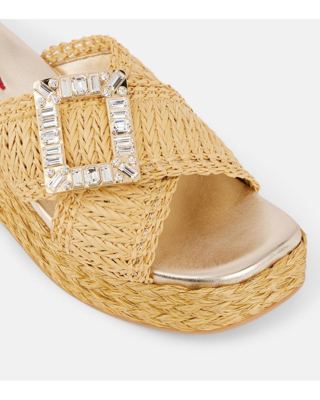 Roger Vivier Metallic Embellished Raffia Espadrille Slides