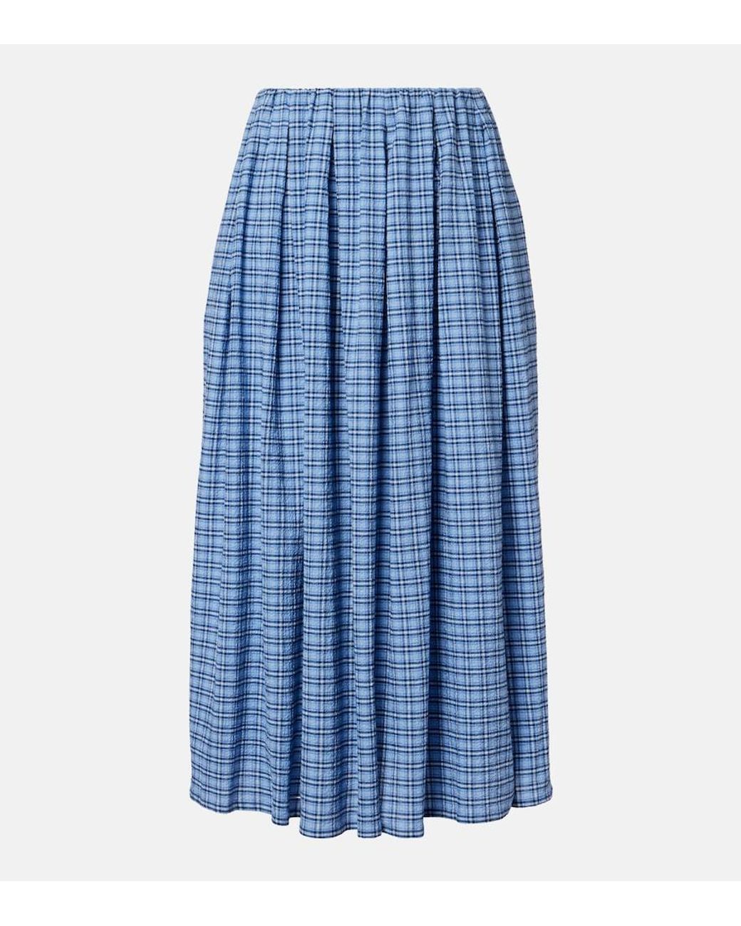 Faithfull The Brand Blue Agora Checked Cotton Midi Skirt