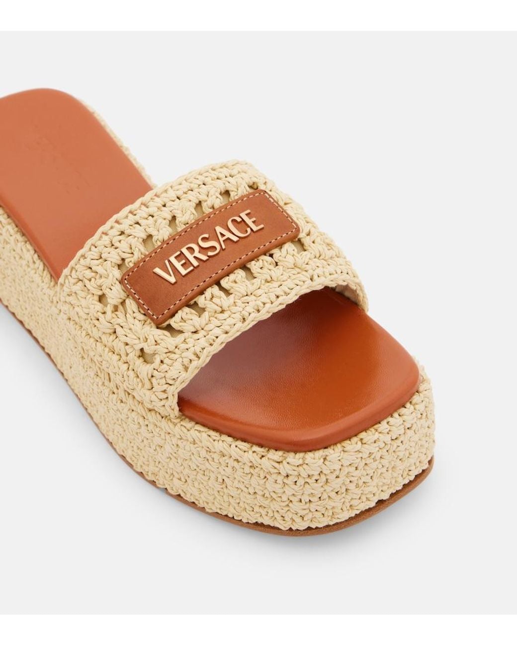 Versace Natural Logo Raffia Platform Espadrille Slides