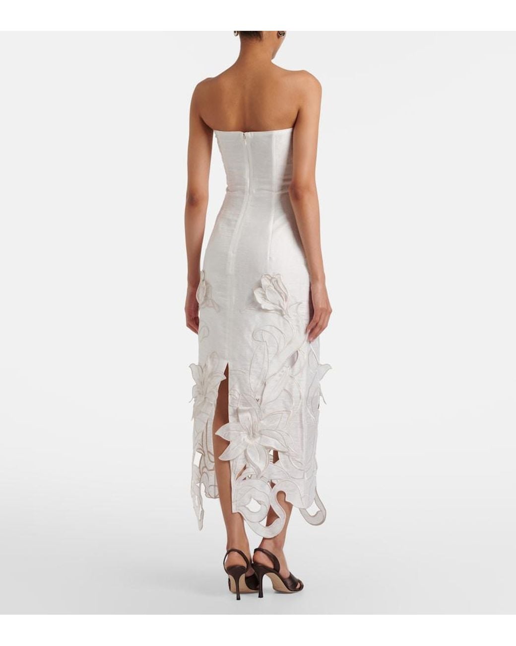 LEO LIN White Rayna Floral-Applique Linen-Blend Bustier Gown