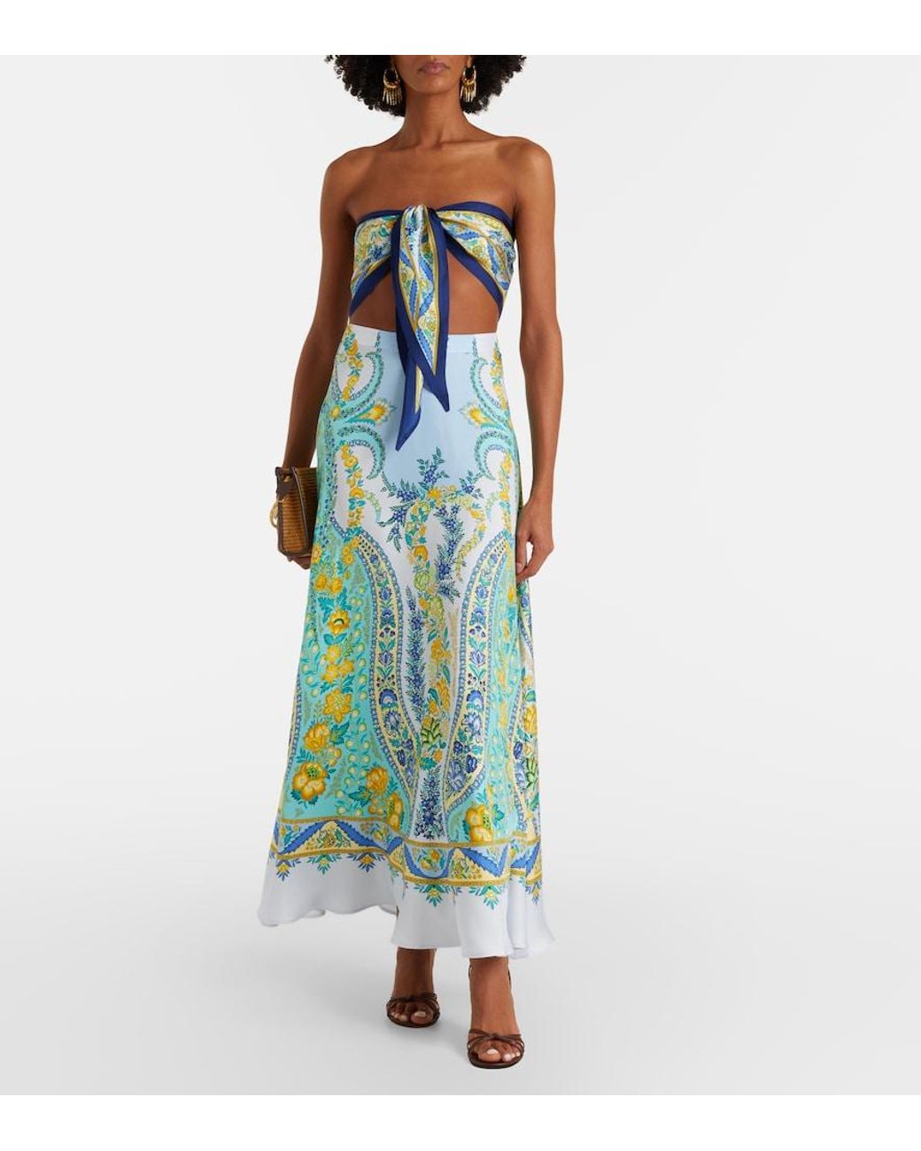 Etro Blue Printed Silk Bandeau Top