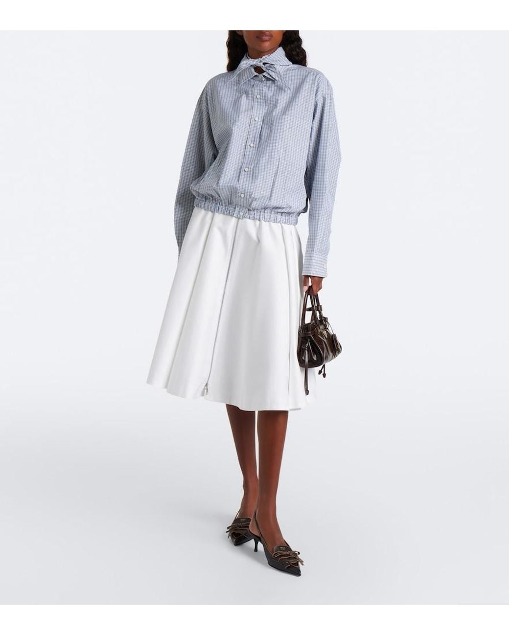 Prada Gray Bow-Detail Checked Cotton Blouse