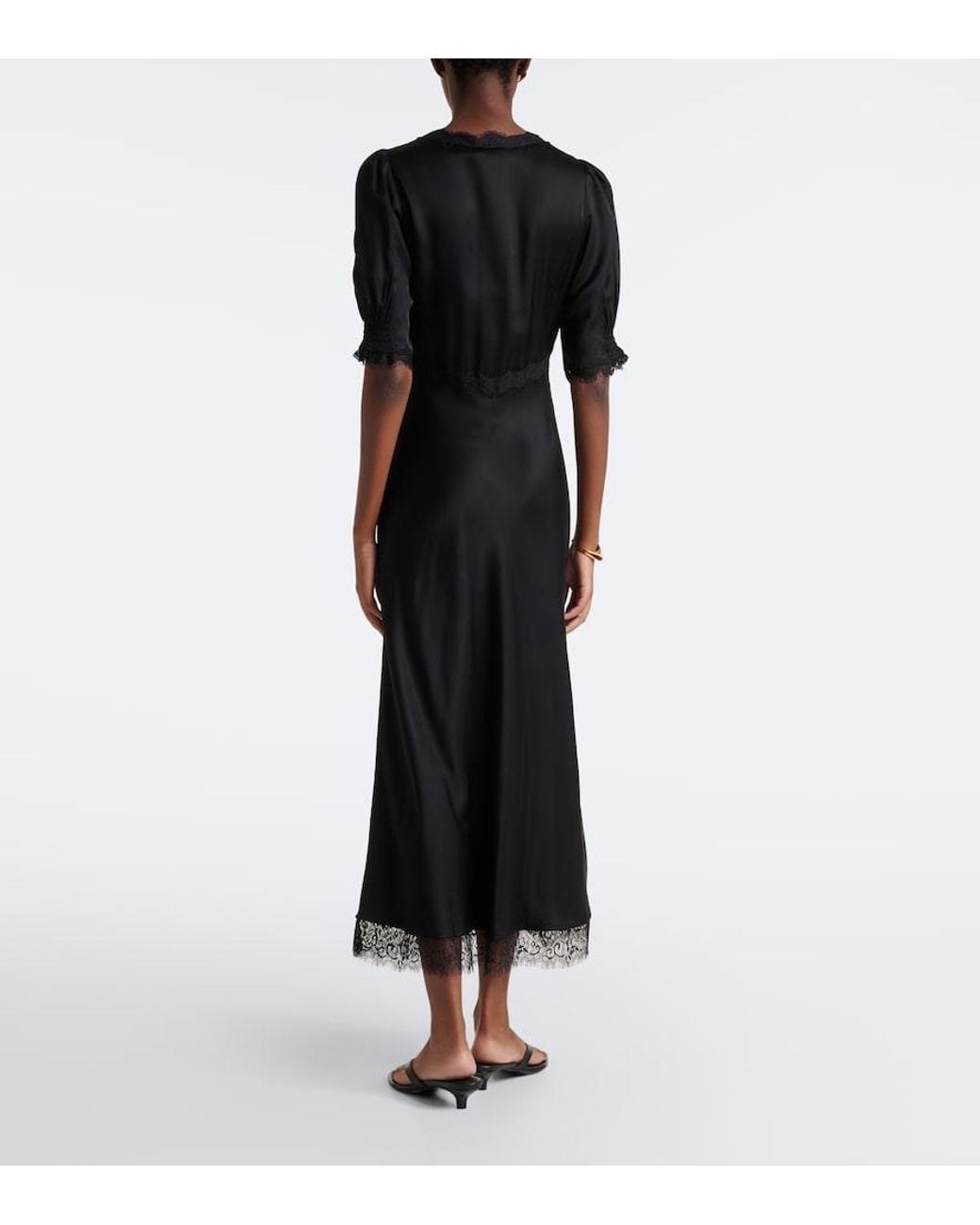 Rixo Black Annina Lace-Trimmed Satin Midi Dress
