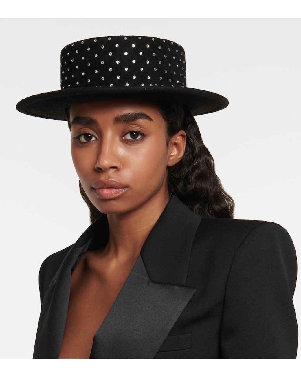 Ruslan Baginskiy Black Embellished Felt Canotier Hat