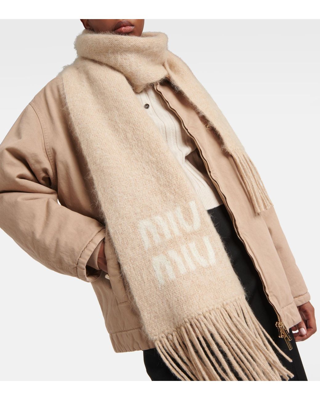 Miu Miu Logo Mohair-Blend Scarf in Natural | Lyst UK