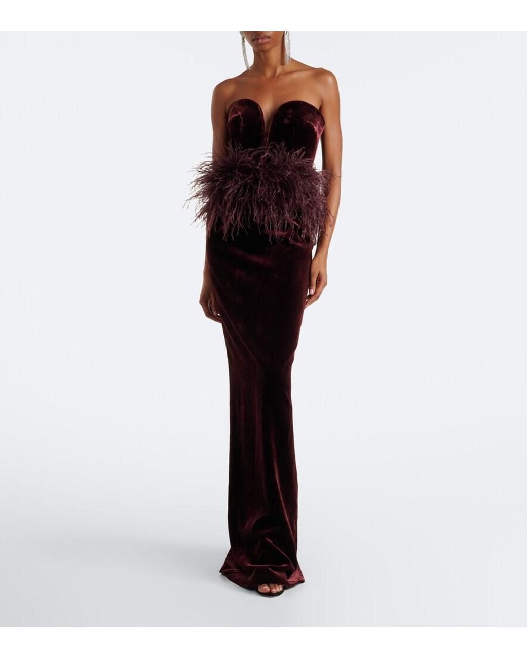 The New Arrivals Ilkyaz Ozel Black Feather-Trimmed Velvet Bustier Gown