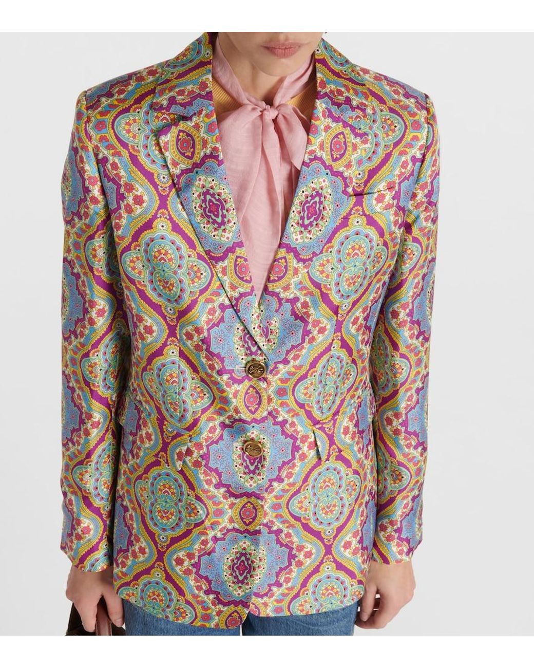 Etro Blue Printed Single-Breasted Silk Blazer