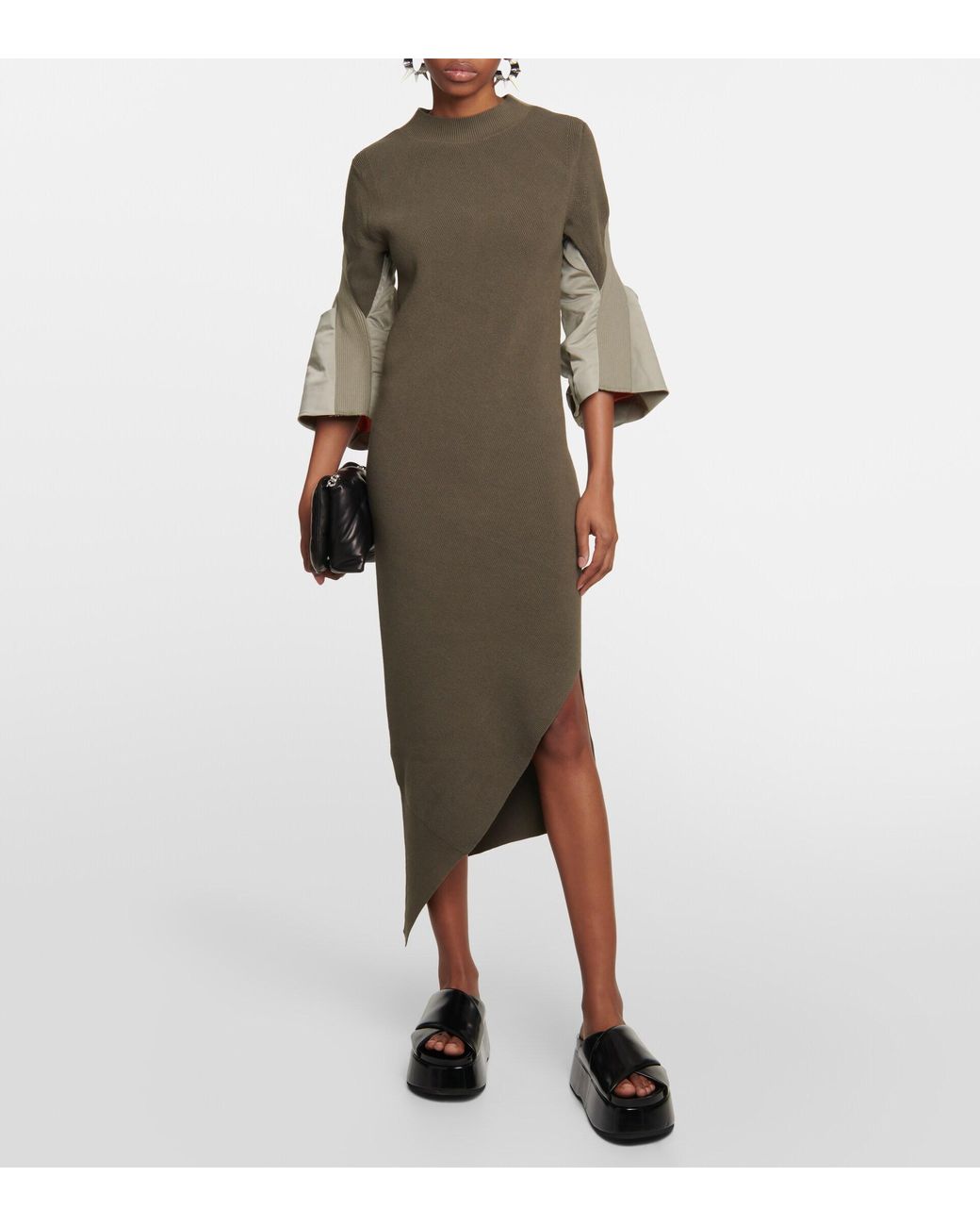 Sacai Asymmetric Cotton-blend Twill Maxi Dress in Green | Lyst
