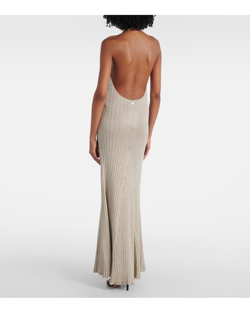Tom Ford White Ribbed-Knit Halterneck Lame Maxi Dress