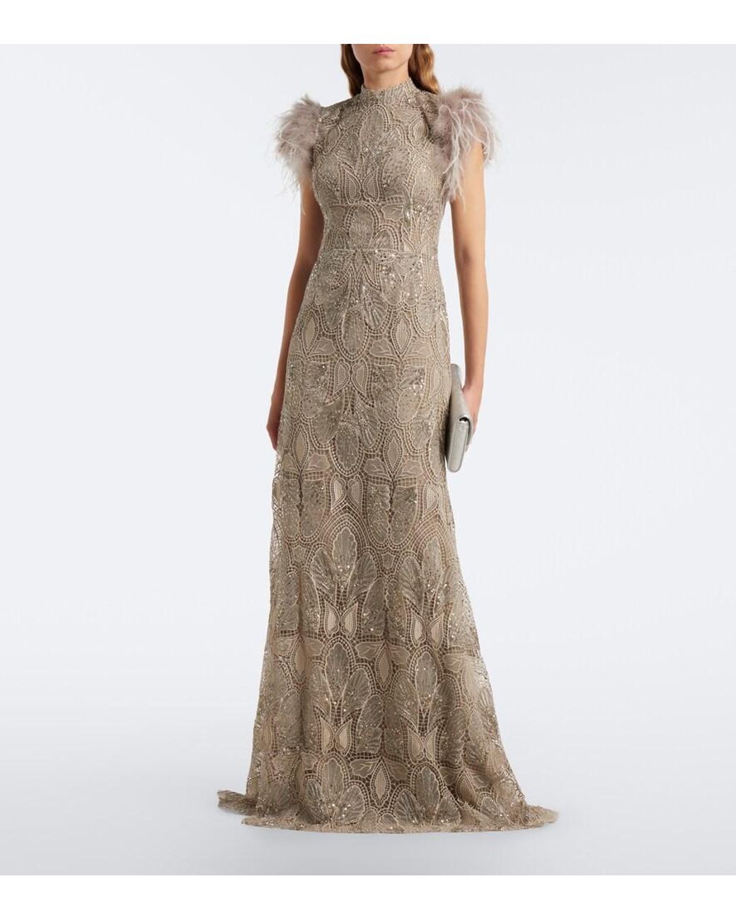 Georges Hobeika Natural Embellished Guipure Lace Gown