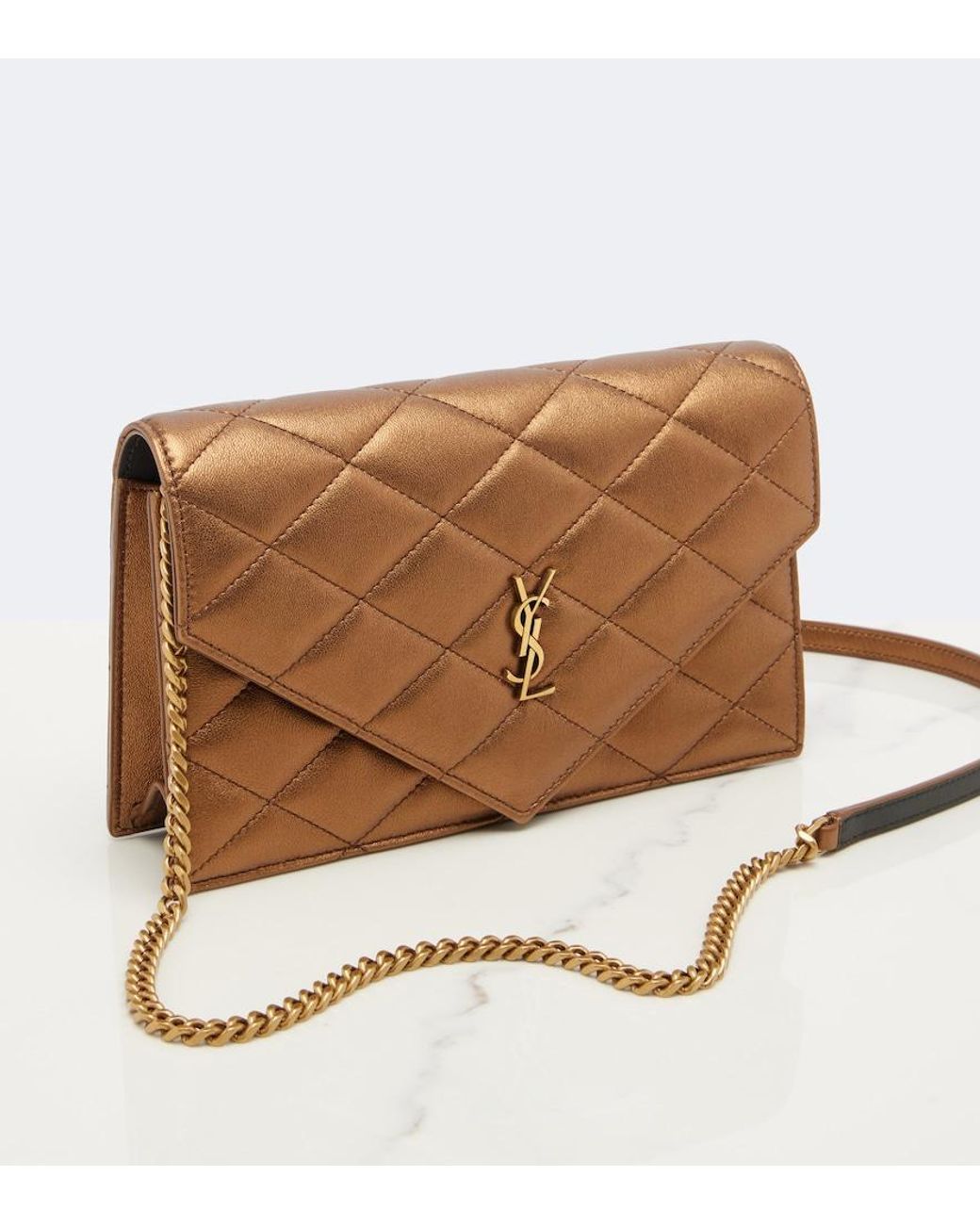 Saint Laurent Brown Paris Metallic Leather Wallet On Chain