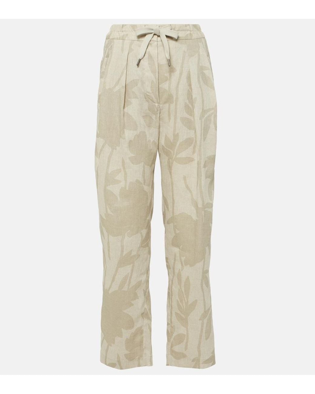 Brunello Cucinelli Natural Printed Linen Tapered Pants
