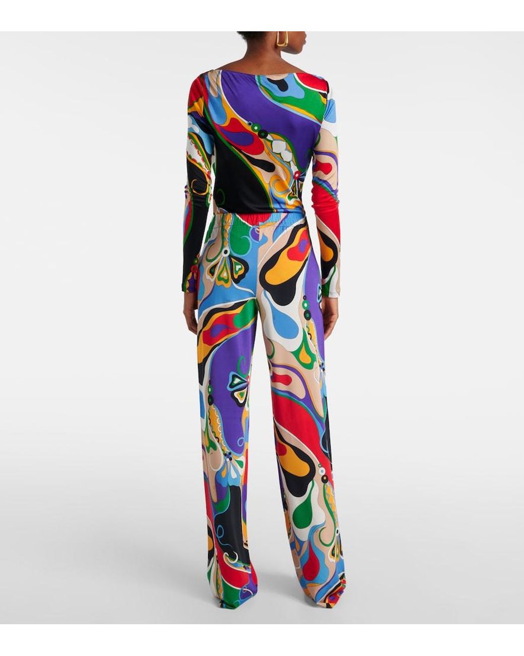 Emilio Pucci Blue Printed Jersey Satin Straight Pants