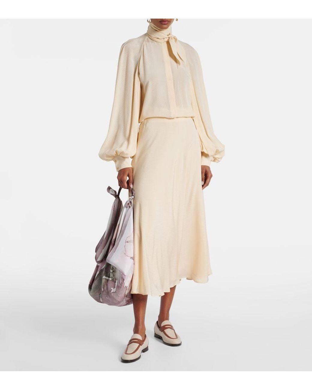 Loro Piana Natural Valmy Tie-Neck Silk Blouse