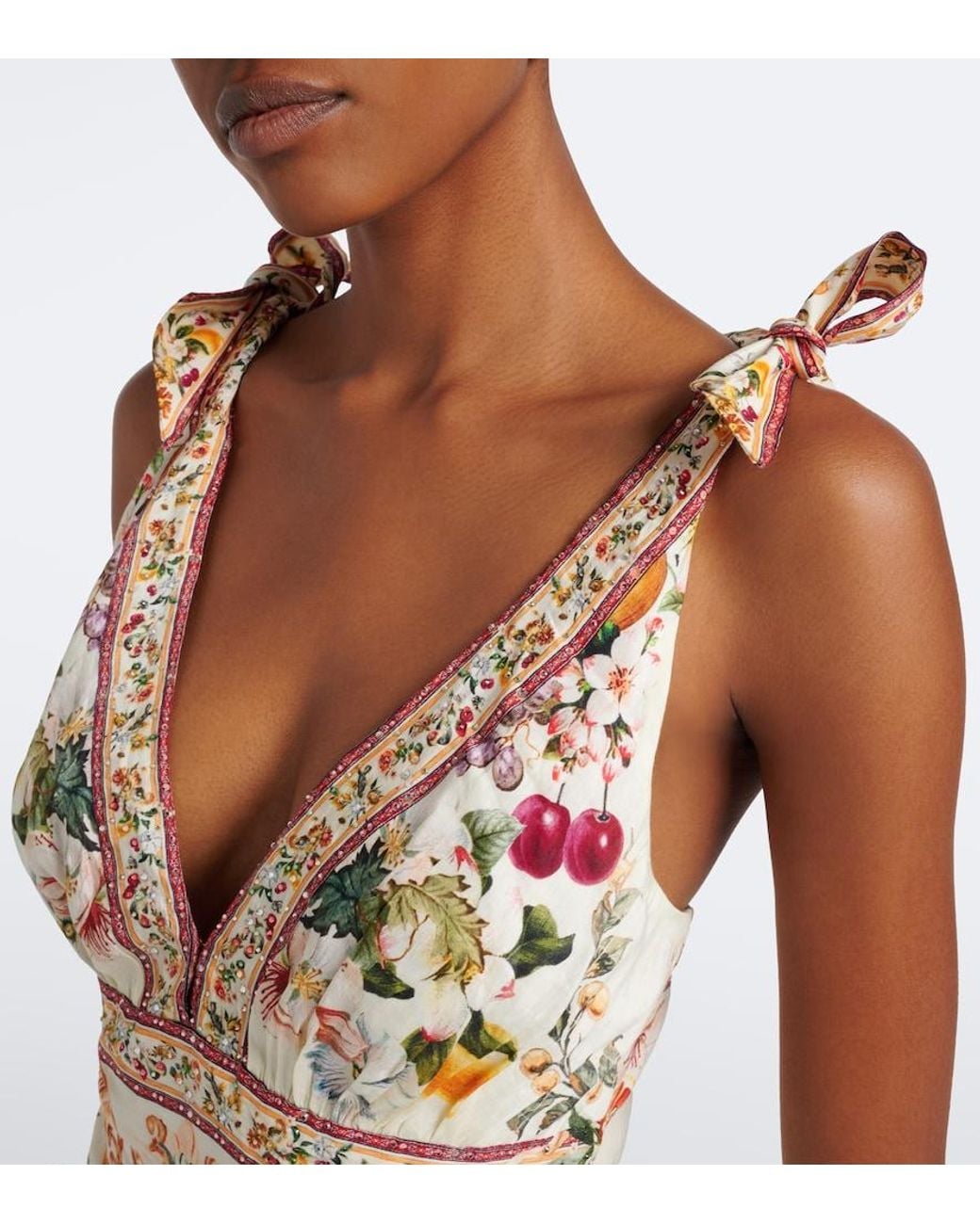 Camilla Metallic Embellished Printed Linen And Silk Maxi Dress