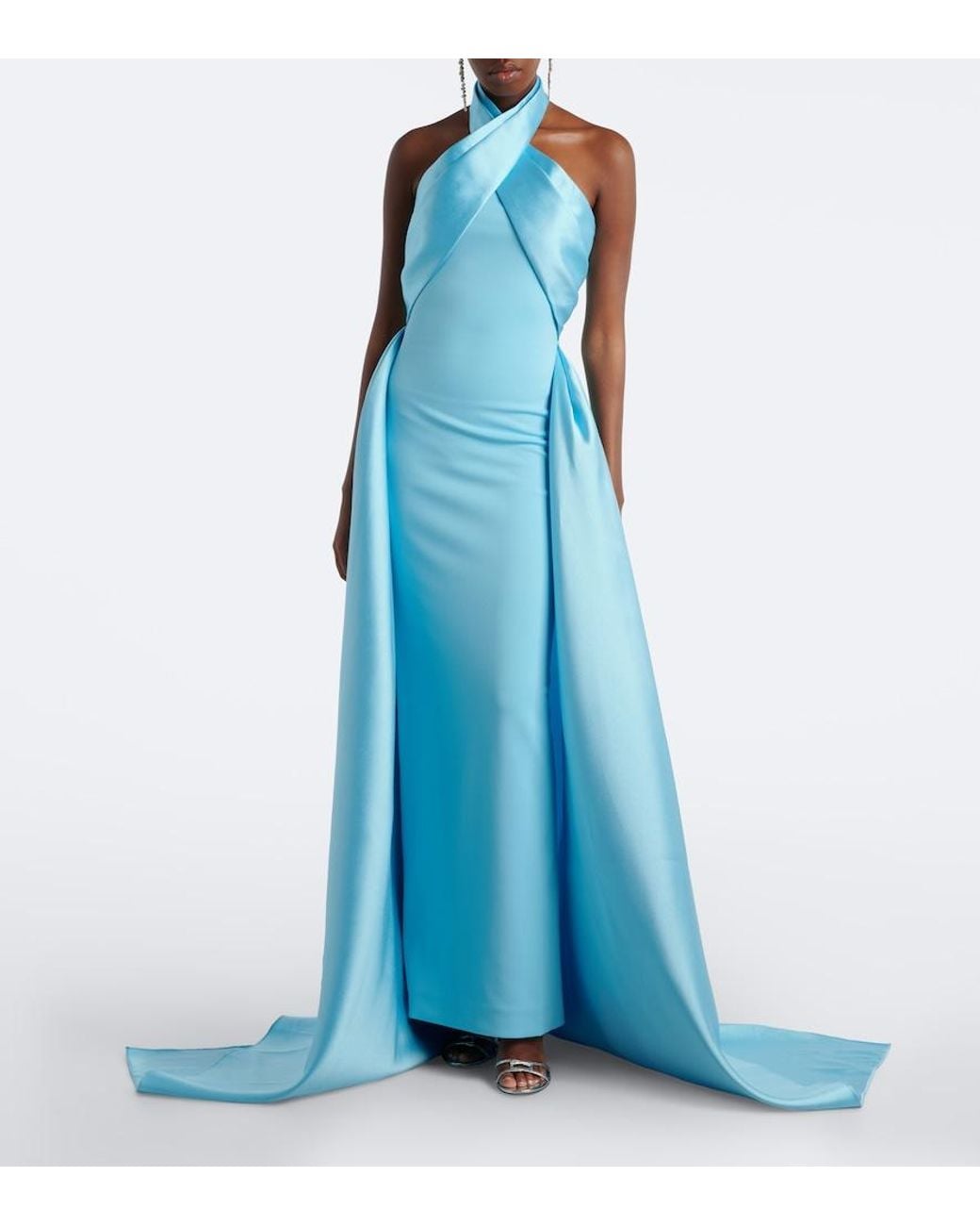 Solace London Blue Rumi Halterneck Satin-Trimmed Crepe Gown