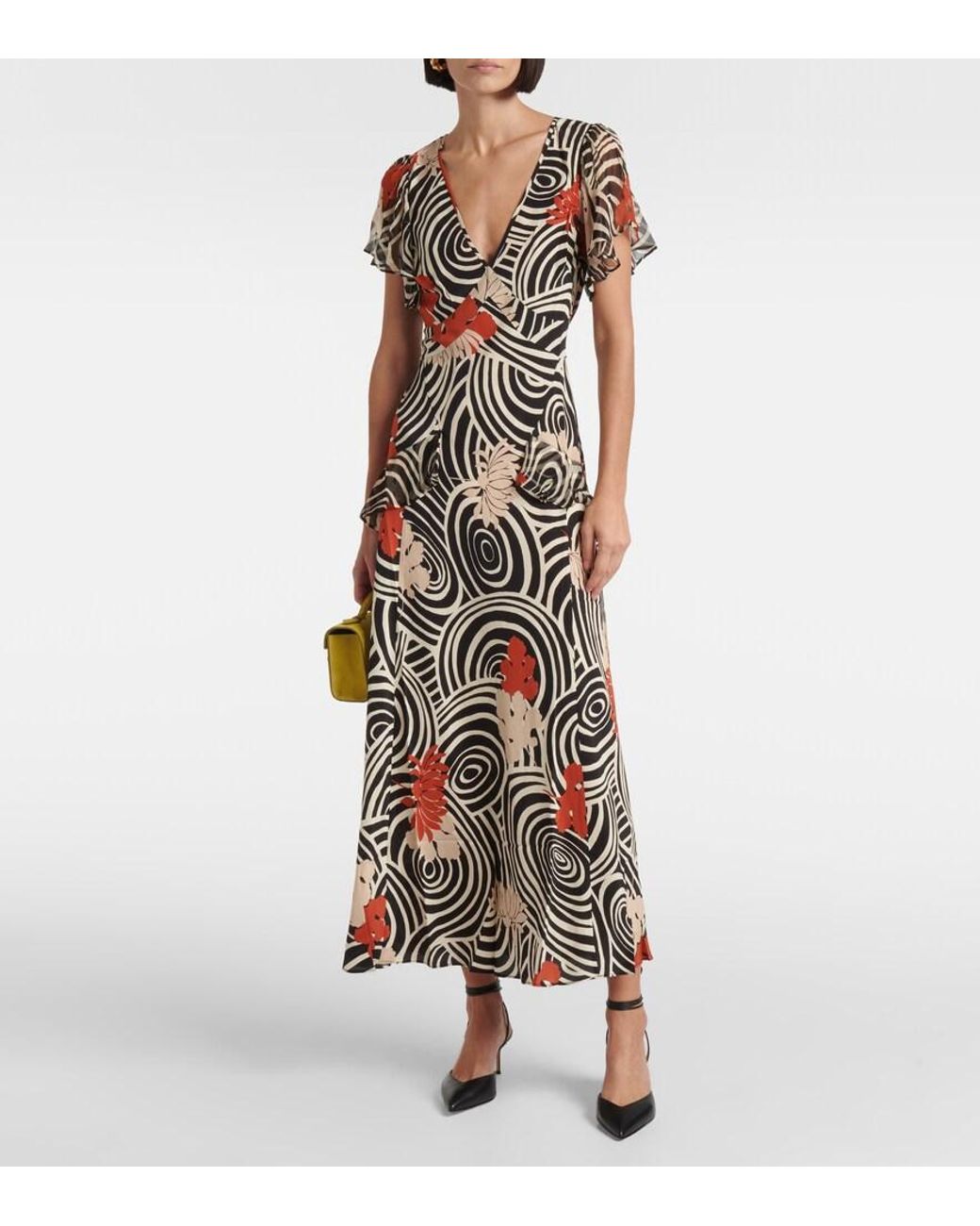 Rixo Metallic Evie Printed Ruffled Silk Maxi Dress