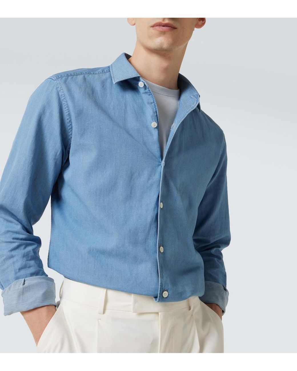 Zegna Blue Cotton And Linen Denim Shirt for men