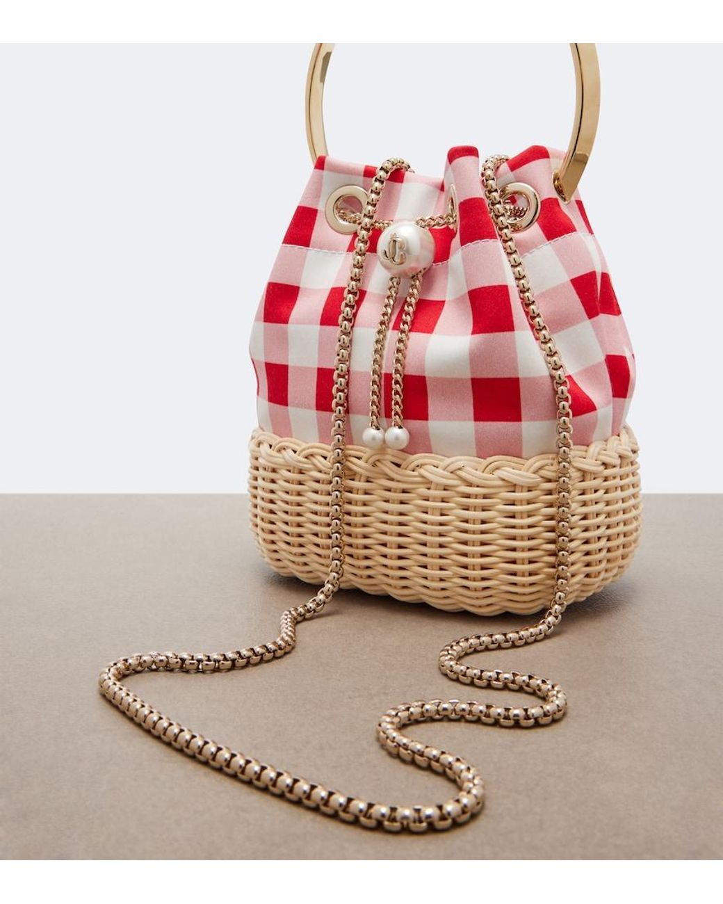Jimmy Choo Red Bon Bon Gingham Canvas And Wicker Bucket Bag
