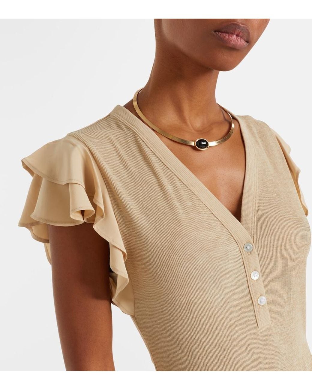 Veronica Beard Natural Aphrodite Ribbed-Knit Ruffled Top