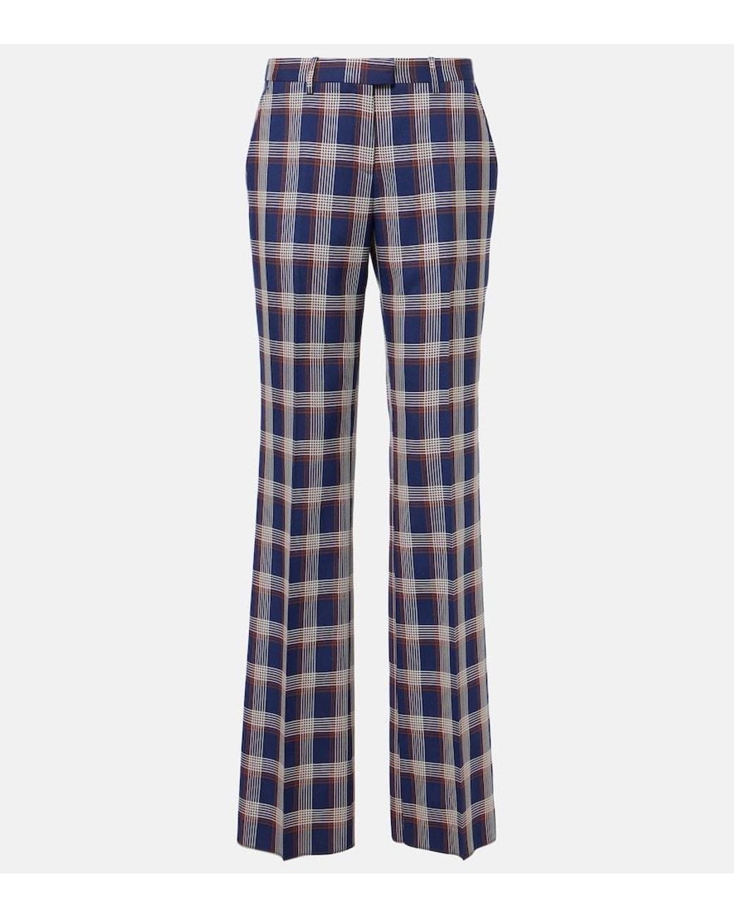 Etro Blue Checked High-Rise Wool Wide-Leg Pants