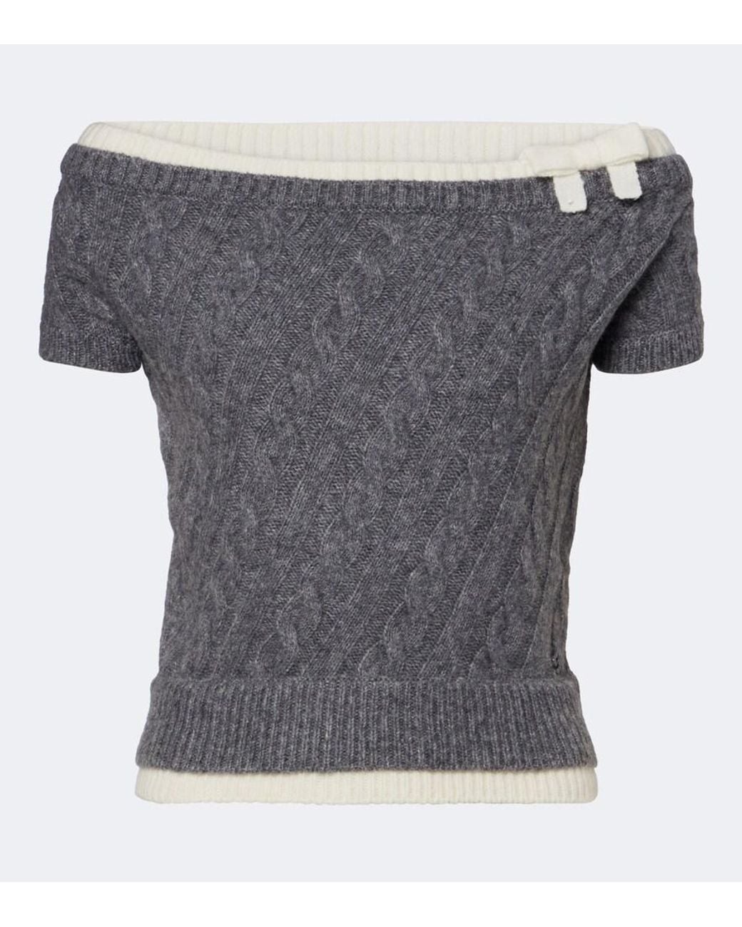 ShuShu/Tong Gray Cable-Knit Off-Shoulder Wool-Blend Sweater