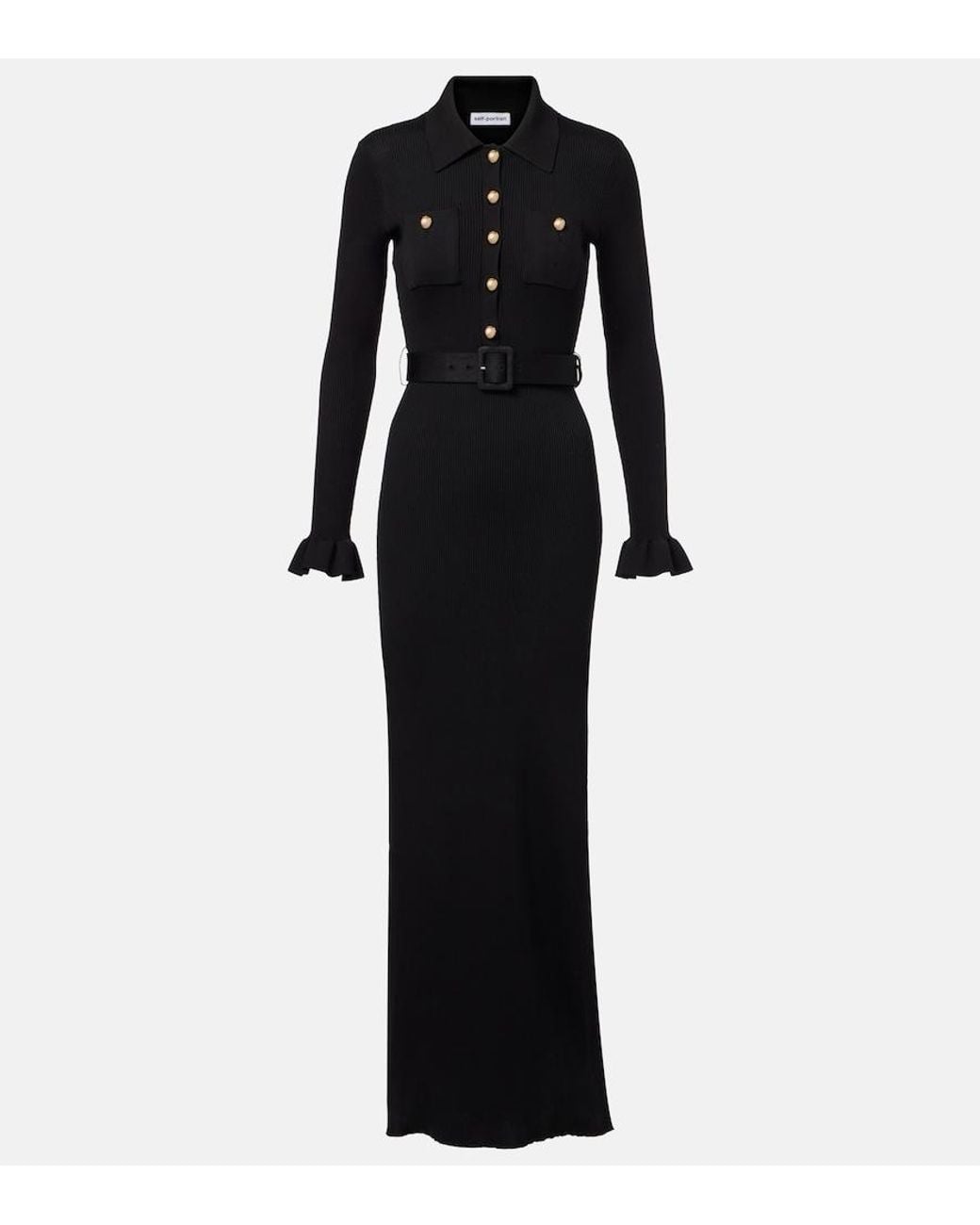 Self-Portrait Black Ribbed-Knit Side-Slit Maxi Dress