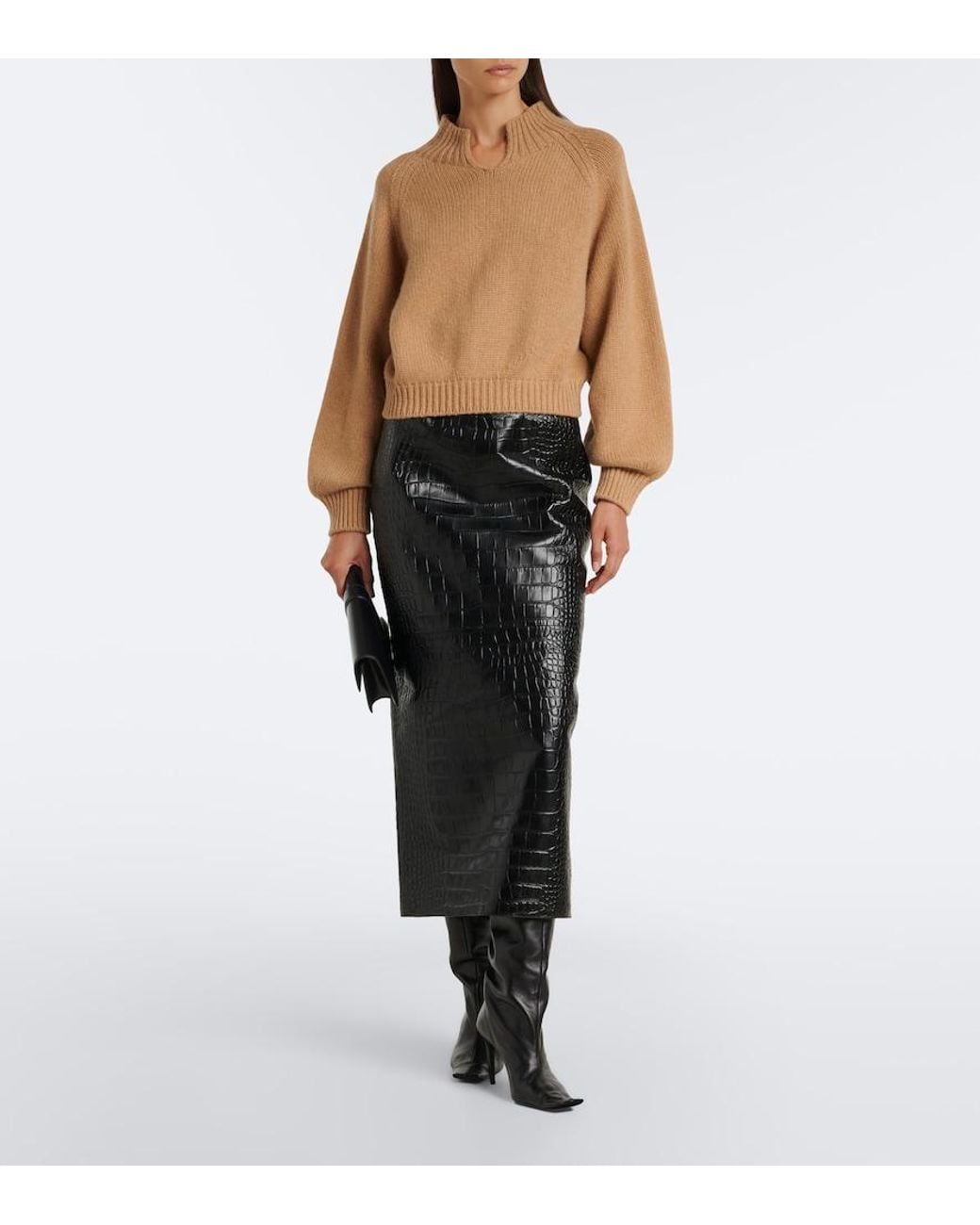Khaite Black Loxley Croc-Effect Leather Midi Skirt