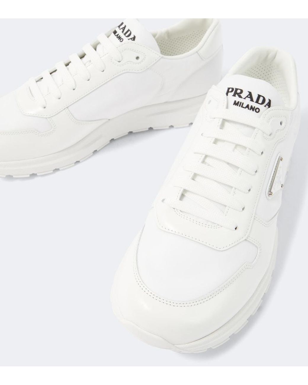 Prada White Logo Leather-Trimmed Sneakers for men