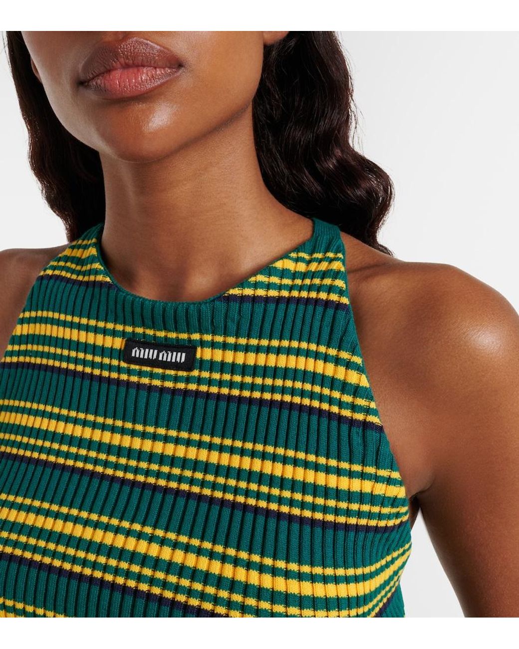 Miu Miu Green Ribbed-Knit Striped Cotton-Blend Top