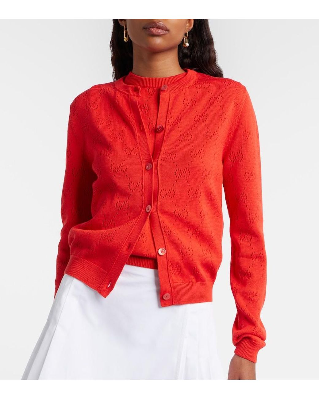 Gucci Red Gg Pointelle Silk And Cotton Cardigan