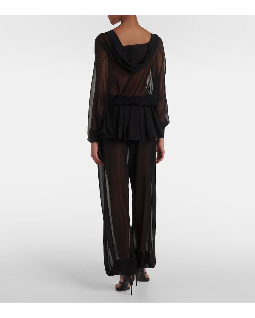 Alaïa Black Mid-Rise Semi-Sheer Wide-Leg Pants