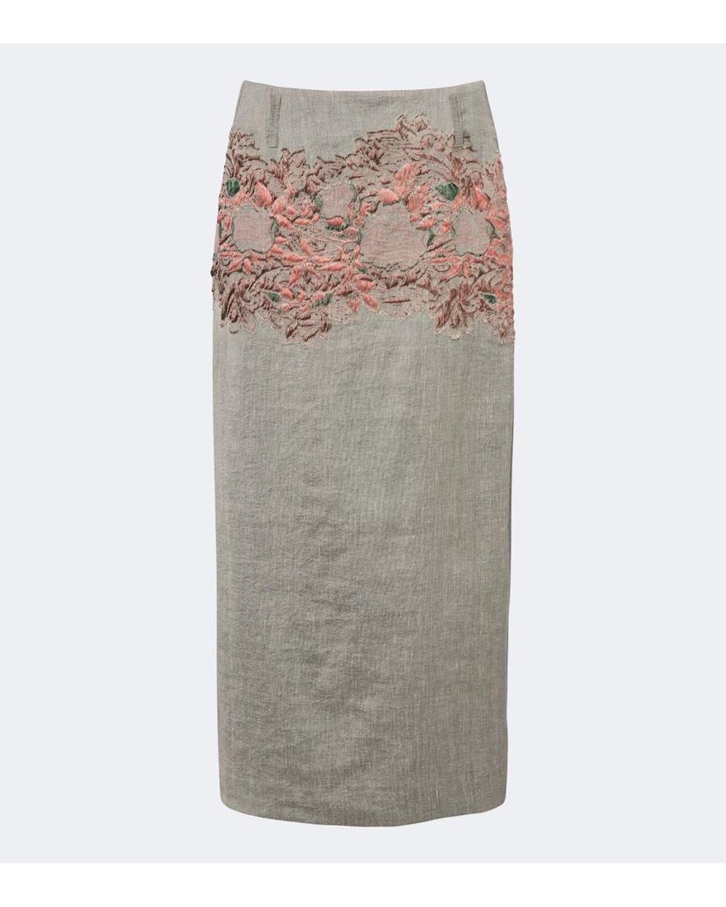 Dries Van Noten Gray Embroidered Linen And Cotton-Blend Midi Skirt
