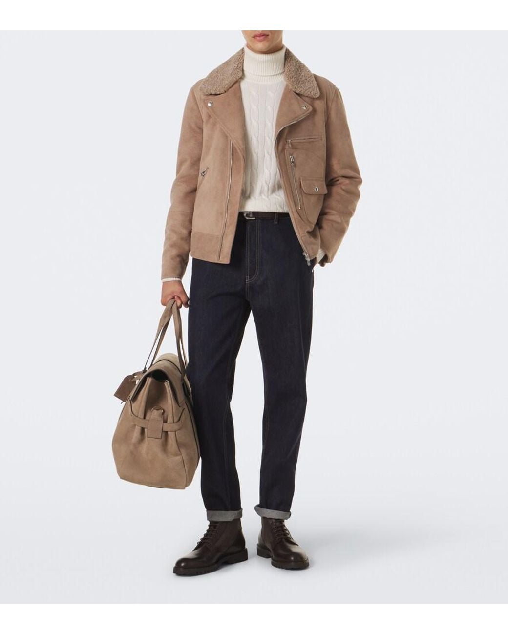 Brunello Cucinelli Natural Shearling-Trimmed Suede Biker for men